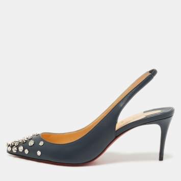 Pre Owned Christian Louboutin Blue Leather Drama Spikes Slingback Pumps Size 37.5