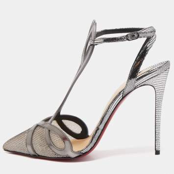 Pre Owned Christian Louboutin Metallic Grey Leather and Mesh Double L Ankle Strap Pumps Size 38
