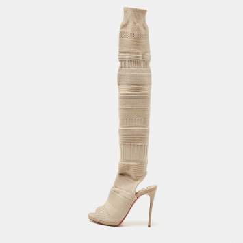 Pre Owned Christian Louboutin Beige Knit Fabric Cheminetta Boots Size 38.5