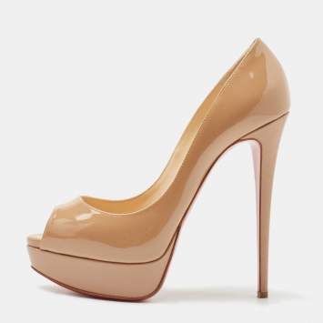 Pre Owned Christian Louboutin Beige Patent Leather Lady Peep Pumps Size 40