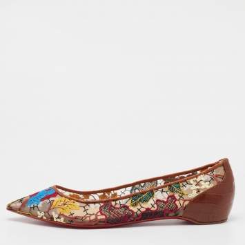 Pre Owned Christian Louboutin Multicolor Embroidered Mesh and Croc Embossed Leather Follies Ballet Flats Size 38