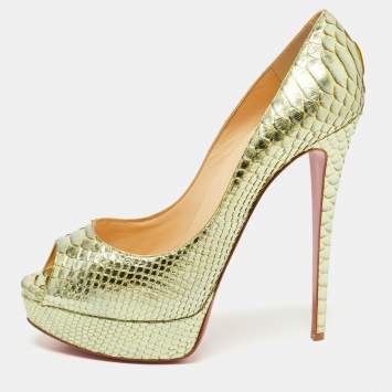 Pre Owned Christian Louboutin Metallic Green Python Lady Peep Pumps Size 41