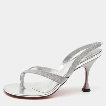 Pre Owned Christian Louboutin Silver Glitter Slingback Sandals Size 37