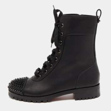Pre Owned Christian Louboutin Black Leather TS Croc Spikes Ankle Length Boots Size 37.5