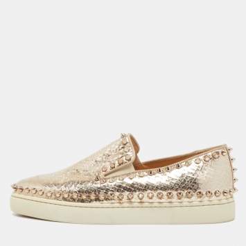 Pre Owned Christian Louboutin Gold Python Embossed Leather Spike Pik Boat Sneakers Size 37.5