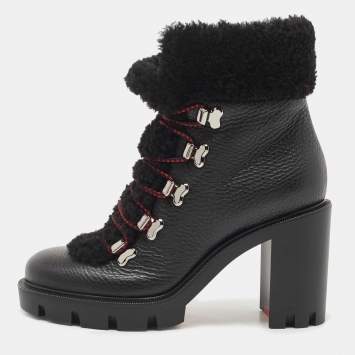 Pre Owned Christian Louboutin Black Leather and Shearling Trimmed Edelvizir 70 Ankle Booties Size 37