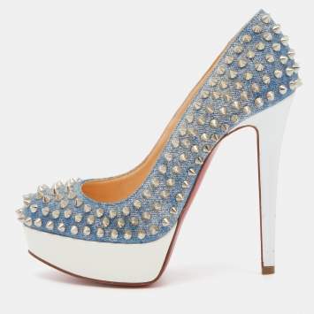 Pre Owned Christian Louboutin Light Blue Denim Bianca Spikes Pumps Size 36