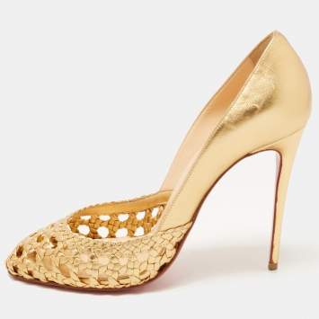 Pre Owned Christian Louboutin Gold Woven Foil Leather Altressita Round Toe Pumps Size 38.5