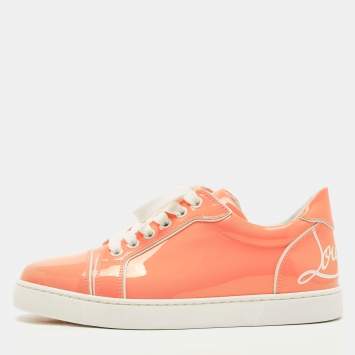 Pre Owned Christian Louboutin Neon Peach Patent Leather Louis Junior Low Top Sneakers Size 37