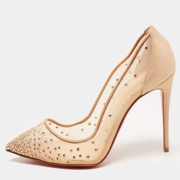Pre Owned Christian Louboutin Beige Glitter Suede Follies Embellished Pointed Toe Pumps Size 37