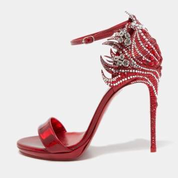 Pre Owned Christian Louboutin Red Patent Leather Loubi Vega Crystal Embellished Ankle Strap Sandals Size 37.5
