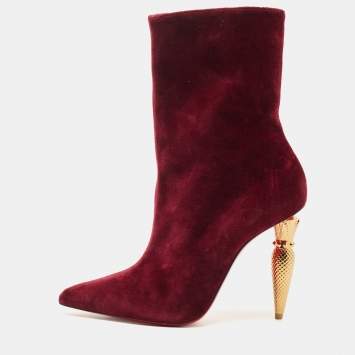 Pre Owned Christian Louboutin Burgundy Velvet Ankle Boots Size 39.5