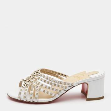 Pre Owned Christian Louboutin White Leather Martha Spike Slide Sandals Size 34.5
