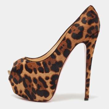 Pre Owned Christian Louboutin Brown Leopard Print Calf Hair Highness Peep Toe Platform Pumps Size 39.5