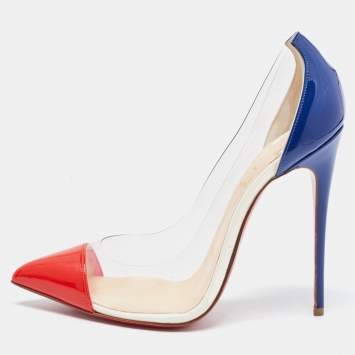 Pre Owned Christian Louboutin Red/Blue Patent Leather and PVC Debout Pumps Size 37