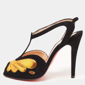 Pre Owned Christian Louboutin Black/Gold Suede Peep Toe Ankle Strap Sandals Size 36