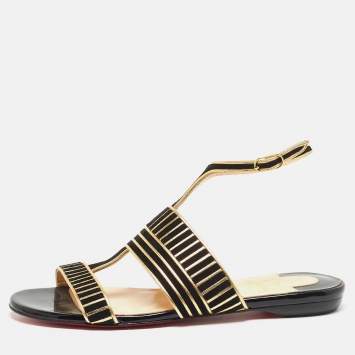 Pre Owned Christian Louboutin Black Suede and Leather Striped Flat Sandals Size 36