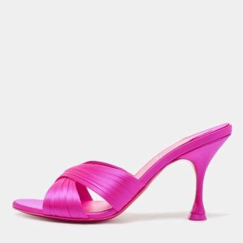 Pre Owned Christian Louboutin Pink Satin Nicol is Back 85 Criss Cross Slide Sandals Size 38.5