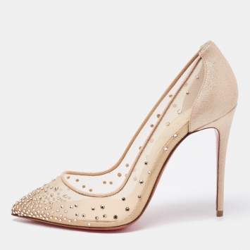Pre Owned Christian Louboutin Beige Mesh and Suede Follies Strass Pumps Size 37