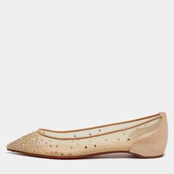 Pre Owned Christian Louboutin Beige Suede and Mesh Follies Strass Ballet Flats Size 37