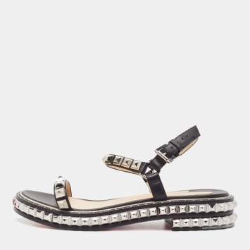 Pre Owned Christian Louboutin Black Leather Pyraclou Ankle Strap Sandals Size 39