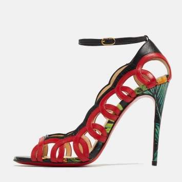 Pre Owned Christian Louboutin Red/Black Leather Houla Open Toe Ankle Strap Pumps Size 36.5