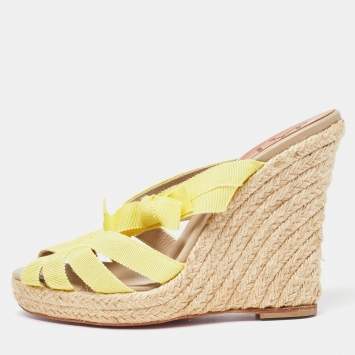 Christian Louboutin Yellow Fabric Delfin Espadrille Wedge Sandals Size 37