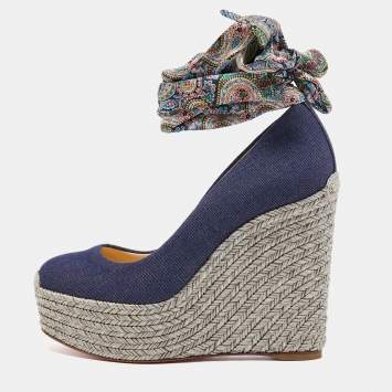 Pre Owned Christian Louboutin Blue Denim and Printed Fabric Barbaria Zeppa Ankle Tie Pumps Size 35