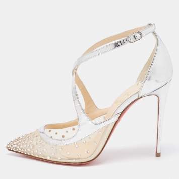 Pre Owned Christian Louboutin Silver/Beige Mesh and Leather Twistissima Pumps Size 36.5