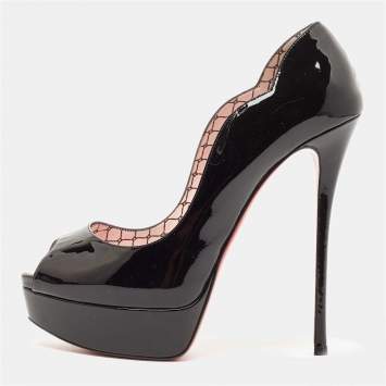 Pre Owned Christian Louboutin Black Patent Leather Chick Up Alta Pumps Size 39.5