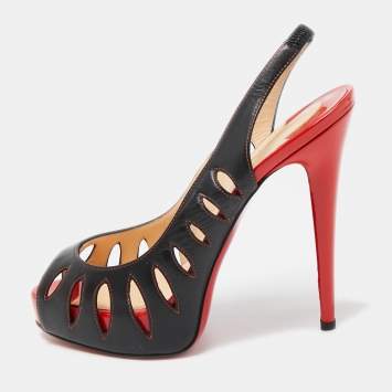 Pre Owned Christian Louboutin Black Leather Griff Slingback Pumps Size 38.5