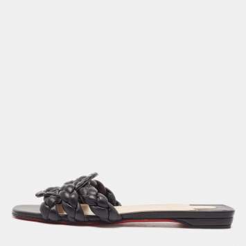 Pre Owned Christian Louboutin Black Woven Leather Marmella  Flat Slides Size 40