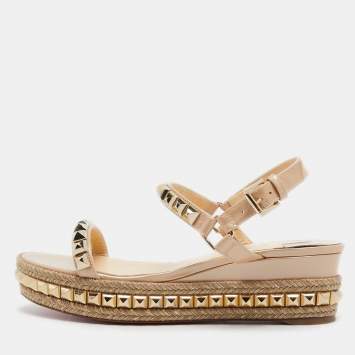 Pre Owned Christian Louboutin Beige Patent Cataclou Wedge Ankle Strap Sandals Size 39