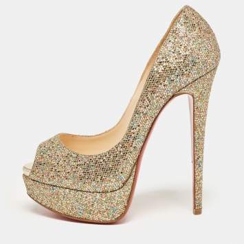 Pre Owned Christian Louboutin Gold Lurex Fabric Lady Peep Pumps Size 35