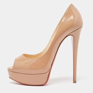 Pre Owned Christian Louboutin Beige Patent Leather Lady Peep Pumps Size 38.5
