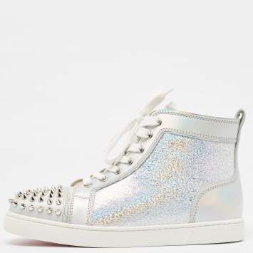 Pre Owned Christian Louboutin Metallic Leather and Glitter Suede Lou Spikes Sneakers Size 39