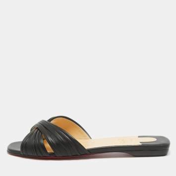 Pre Owned Christian Louboutin Black Leather Nicol Flat Slides Size 38