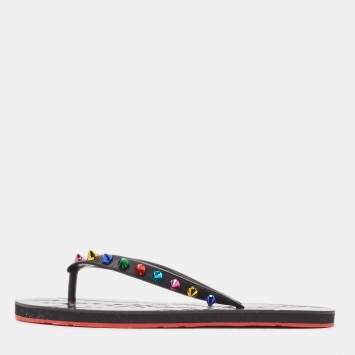 Pre Owned Christian Louboutin Multicolor Rubber Loubi Flip Spikes Thong Flats Size 38