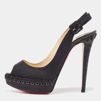 Pre Owned Christian Louboutin Black Canvas Indiana Platform Pumps Size 37.5