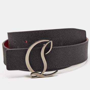 Pre Owned Christian Louboutin Black Glitter Logo CL Logo Belt 85CM