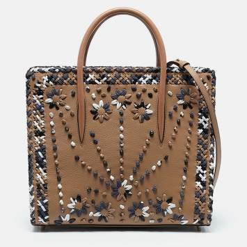 Pre Owned Christian Louboutin Beige/Blue Leather Large Mexinodo Beaded Paloma Tote
