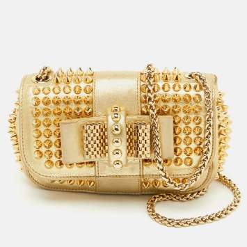 Pre Owned Christian Louboutin Gold Leather Mini Spiked Sweet Charity Crossbody Bag