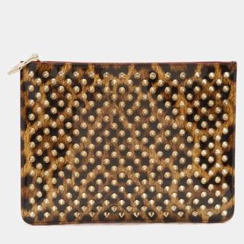 Pre Owned Christian Louboutin Brown Leopard Print Patent Leather Spikes Zip Pouch Clutch