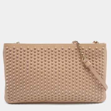 Pre Owned Christian Louboutin Beige Leather Spiked Strap Pouch