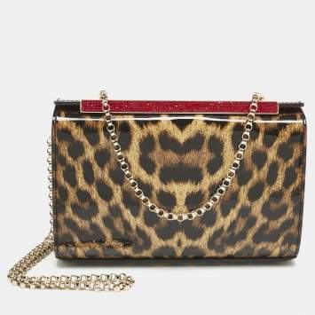 Pre Owned Christian Louboutin Brown Leopard Print Patent Leather Vanite Chain Clutch 