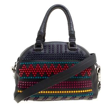 Pre Owned Christian Louboutin Black/Multicolor Leather Spike Studded Bowler Bag
