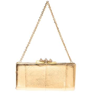 Pre Owned Christian Louboutin Gold Python Charity Chain Clutch