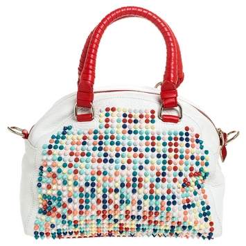 Pre Owned Christian Loboutin White/Red Leather Studded Panettone Satchel 