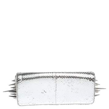 Pre Owned Christian Louboutin Metallic Silver Snakeskin Effect Leather Marquise Spiked Clutch