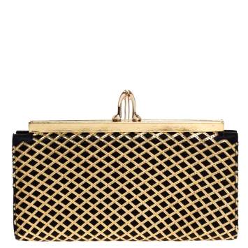 Pre Owned Christian Louboutin Gold/Black Patent Leather and Satin Pave Clutch